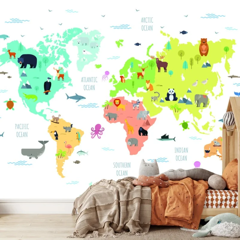 Fotomural mapa del mundo ilustrado con animales