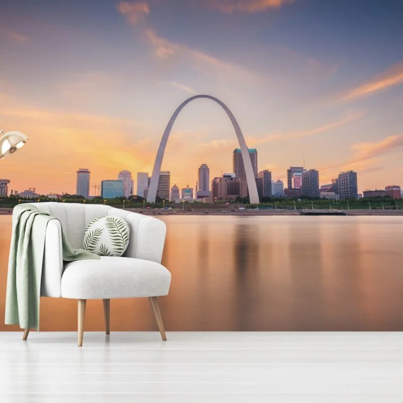 Fotomural atardecer en St. Louis, Misuri: arco y horizonte reflejado