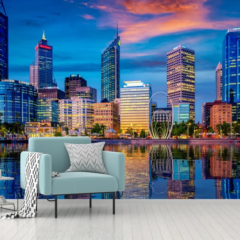 Fotomural puesta de sol en Perth: skyline reflejado sobre el río