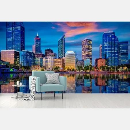 Fotomural puesta de sol en Perth: skyline reflejado sobre el río – Pixers®
