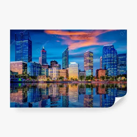 Fotomural puesta de sol en Perth: skyline reflejado sobre el río – Pixers®