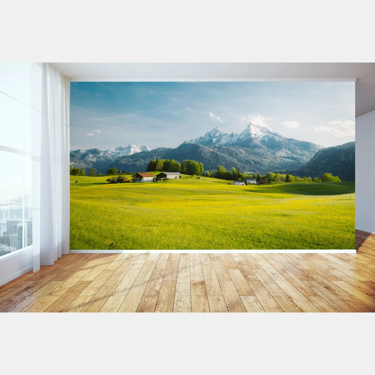 Fotomural serenidad alpina: pradera y cumbres nevadas – Pixers® Fotomural serenidad alpina: pradera y cumbres nevadas – Pixers®