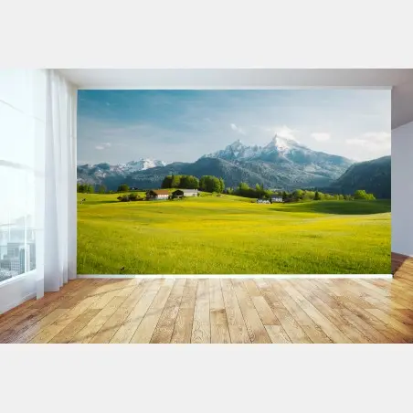 Fotomural serenidad alpina: pradera y cumbres nevadas – Pixers®