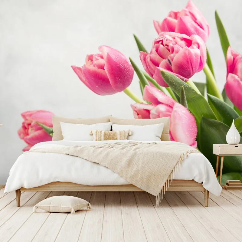 Fotomural tulipanes rosas con gotas de rocío