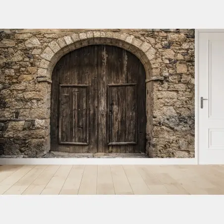 Fotomural puerta rústica de madera con arco de piedra – Pixers®