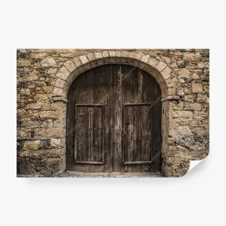 Fotomural puerta rústica de madera con arco de piedra – Pixers®