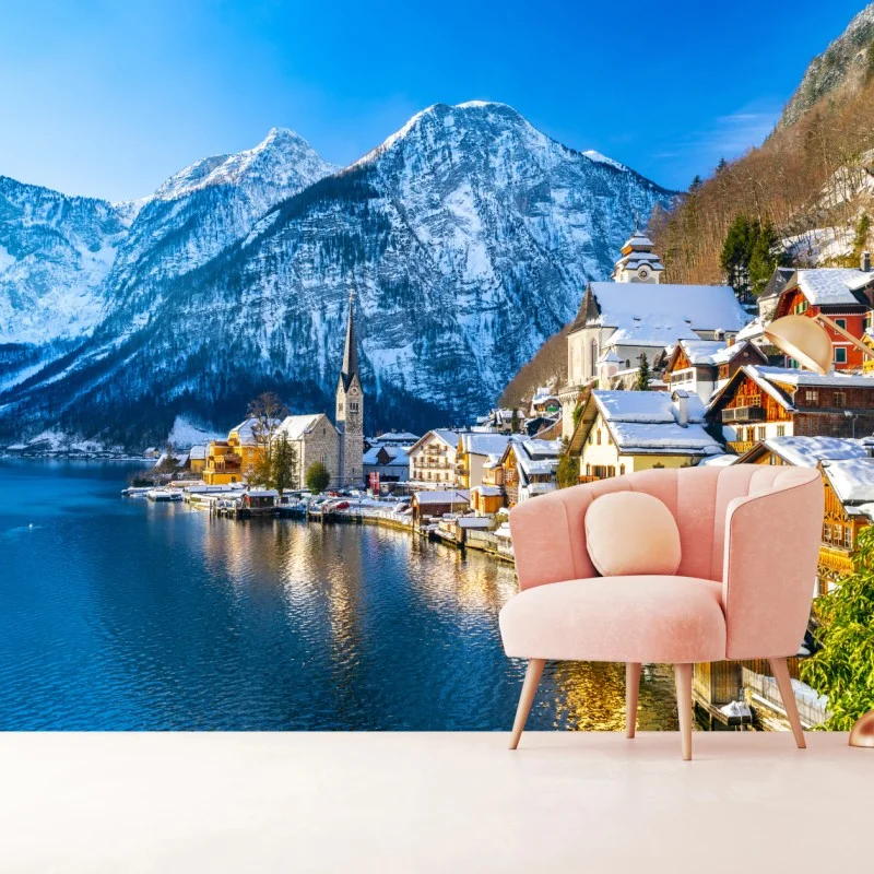 Fotomural paisaje invernal de Hallstatt junto al lago