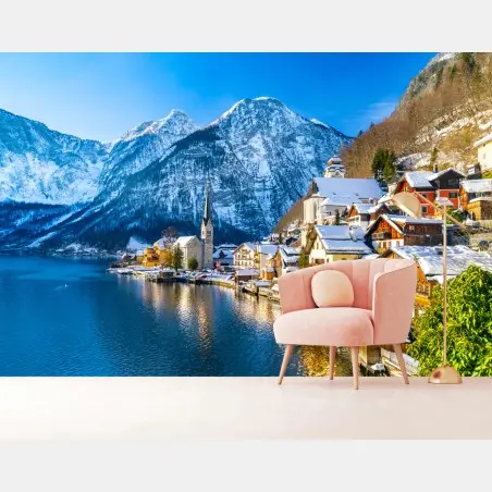 Fotomural paisaje invernal de Hallstatt junto al lago – Pixers®