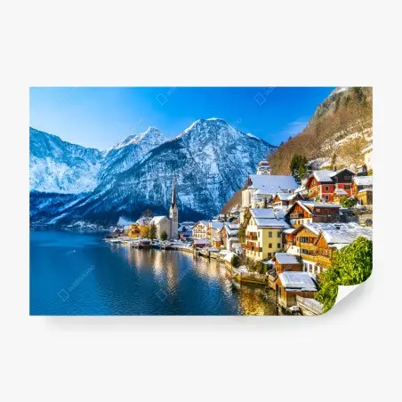 Fotomural paisaje invernal de Hallstatt junto al lago – Pixers®