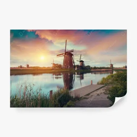 Fotomural paisaje de molinos al atardecer con reflejos en el agua – Pixers®
