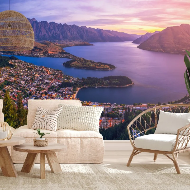 Fotomural puesta de sol sobre Queenstown: panorama aéreo