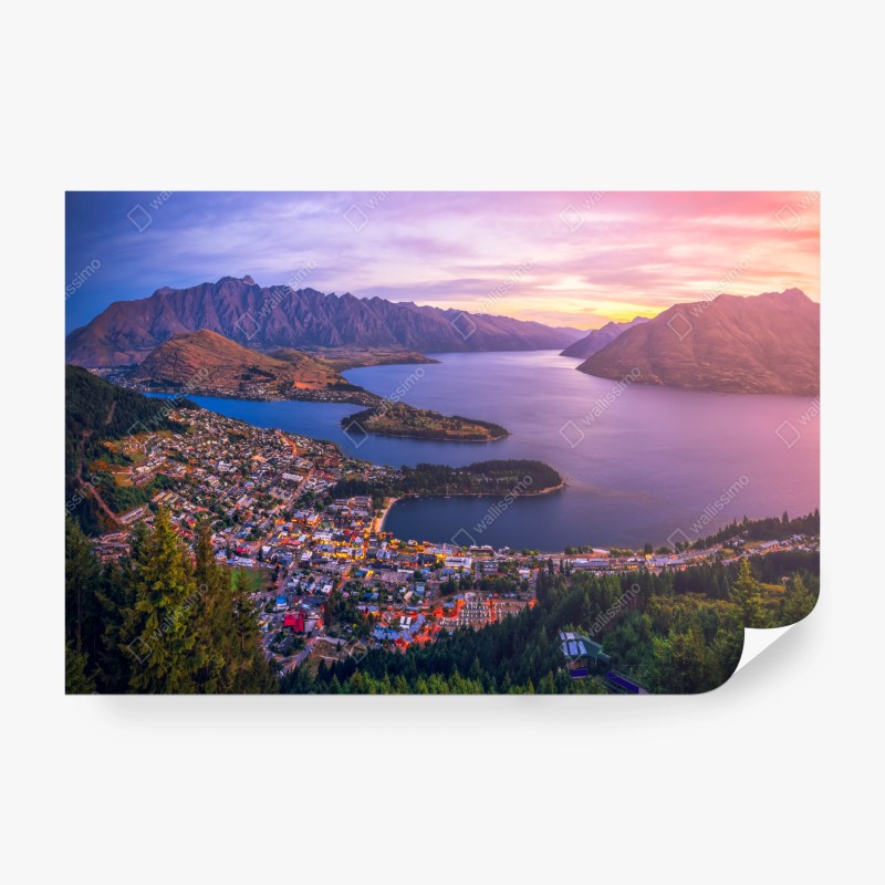 Fotomural puesta de sol sobre Queenstown: panorama aéreo