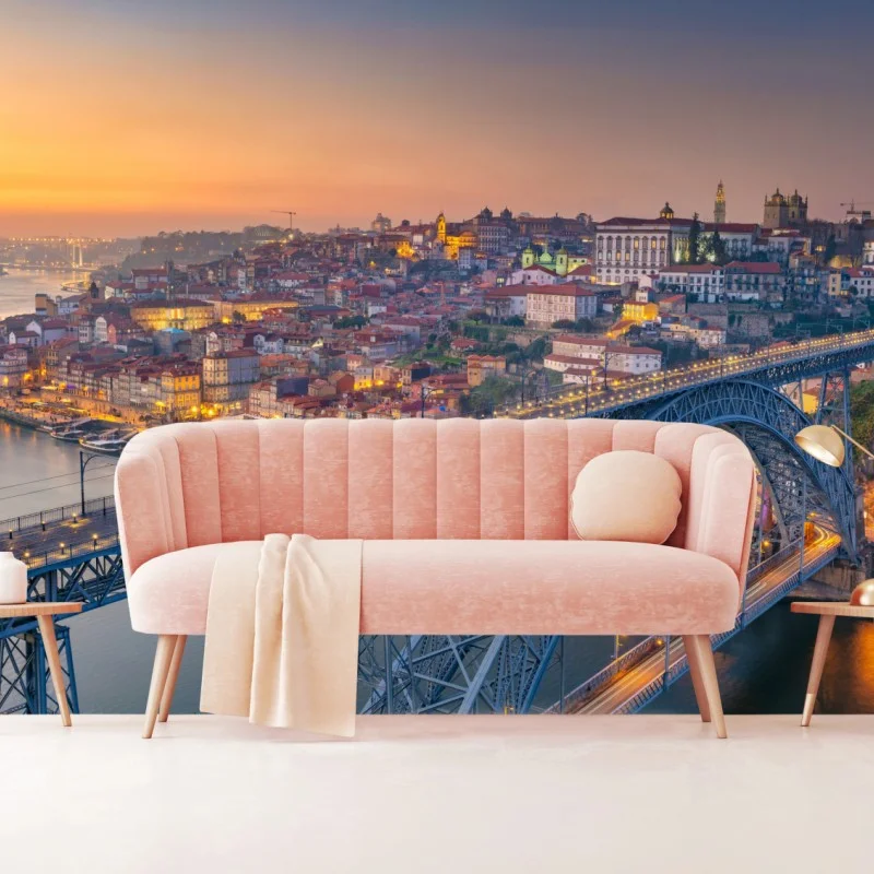 Fotomural puesta de sol en Oporto con puente iluminado