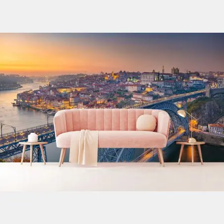 Fotomural puesta de sol en Oporto con puente iluminado – Pixers®