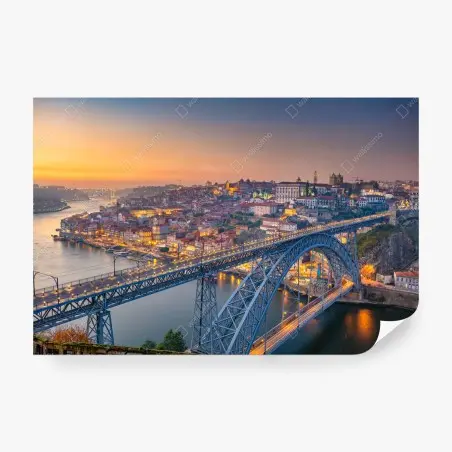 Fotomural puesta de sol en Oporto con puente iluminado – Pixers®