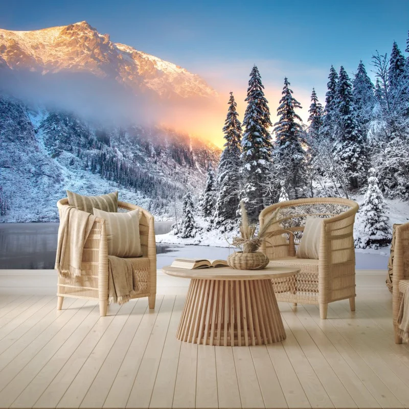 Fotomural amanecer en Morskie Oko, paisaje invernal de los Tatra