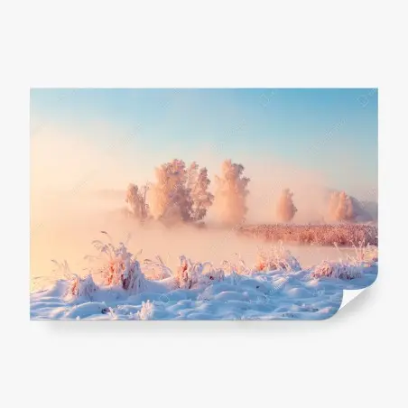 Fotomural amanecer rosa sobre pradera nevada – Pixers®