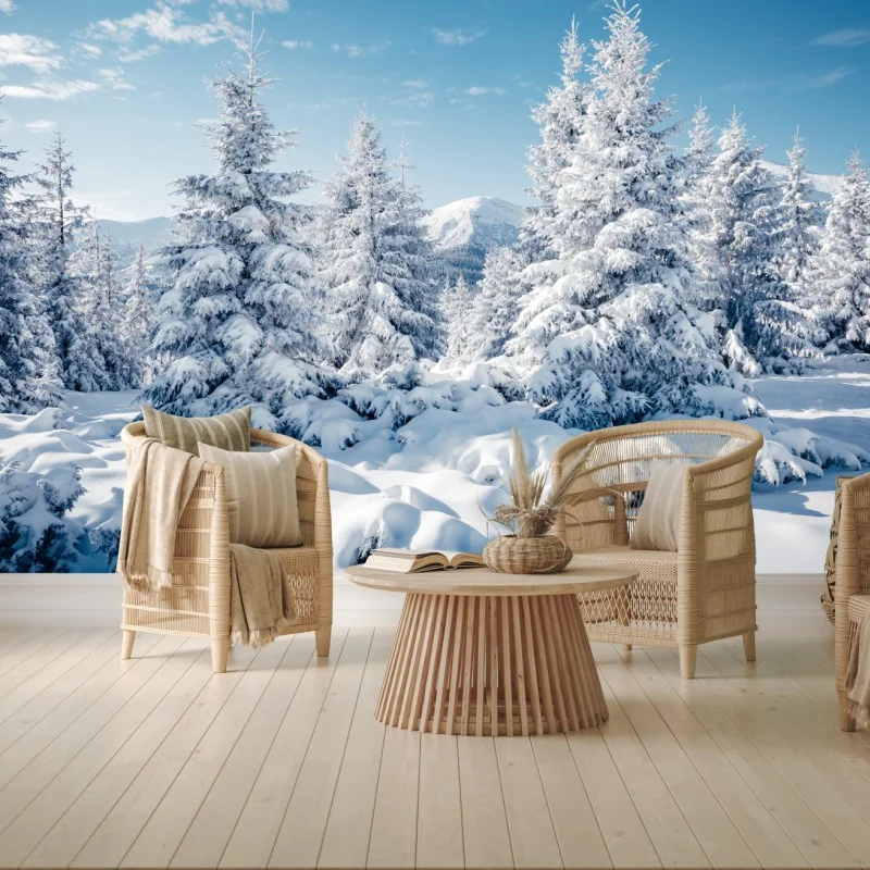 Fotomural bosque de abetos nevados en los Cárpatos, Ucrania
