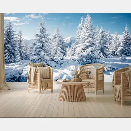 Fotomural bosque de abetos nevados en los Cárpatos, Ucrania – Pixers®