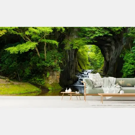 Fotomural arco natural con cascada en bosque verde – Pixers®