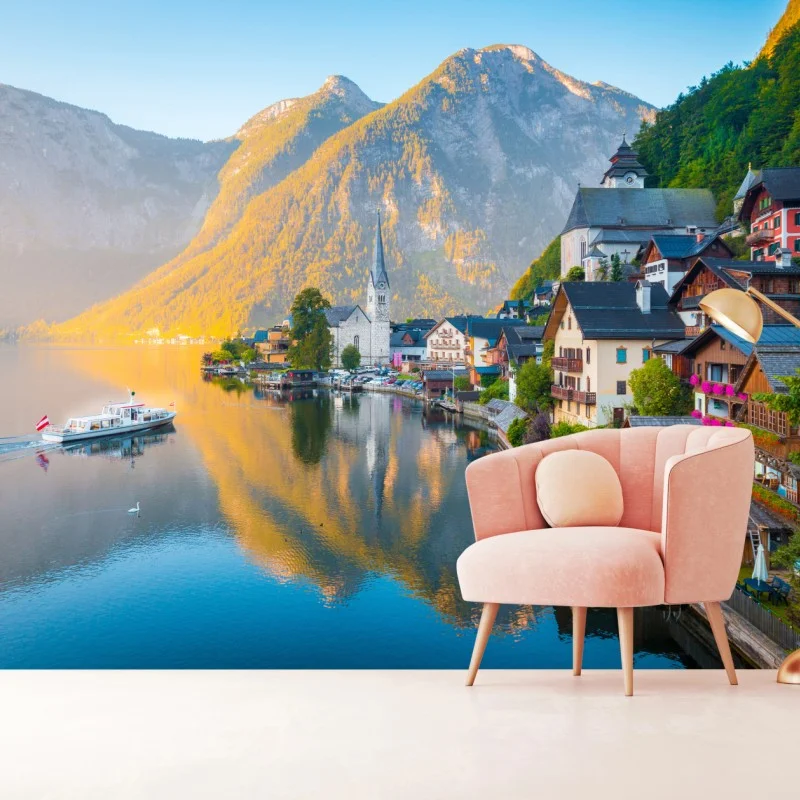 Fotomural amanecer en Hallstatt: tranquila vista al lago