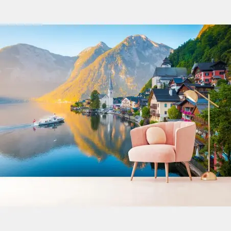 Fotomural amanecer en Hallstatt: tranquila vista al lago – Pixers®