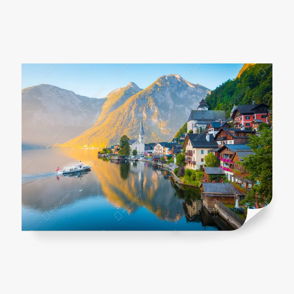 Fotomural amanecer en Hallstatt: tranquila vista al lago – Pixers®