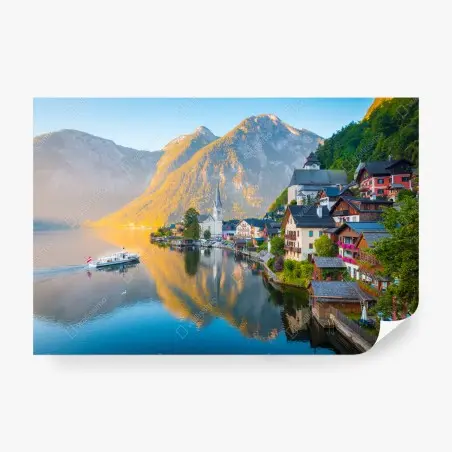 Fotomural amanecer en Hallstatt: tranquila vista al lago – Pixers®