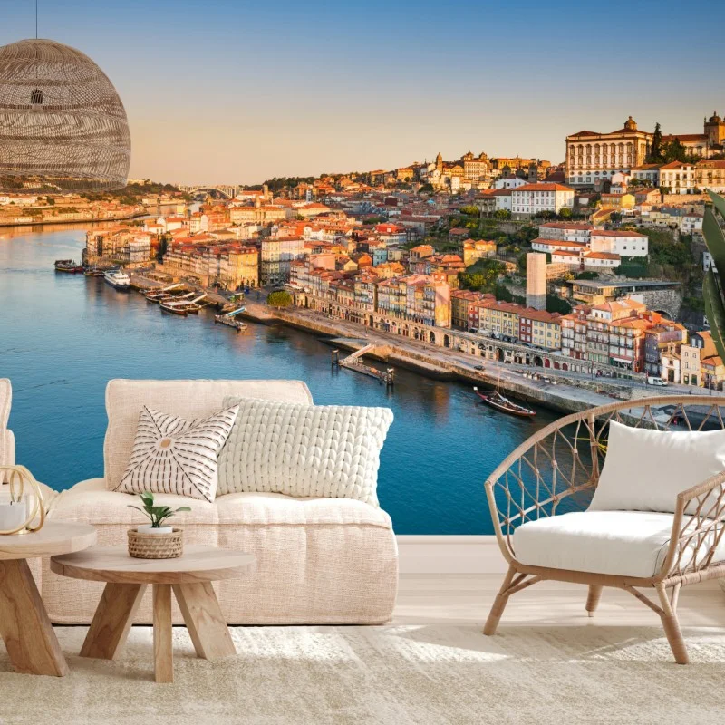 Fotomural panorámica de la ribera de Oporto al atardecer