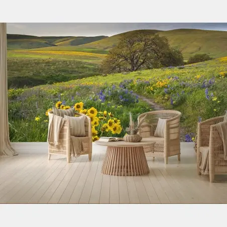 Fotomural sendero entre flores silvestres en pradera – Pixers®