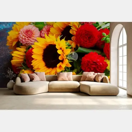 Fotomural explosión floral: girasoles y dalias vibrantes – Pixers®