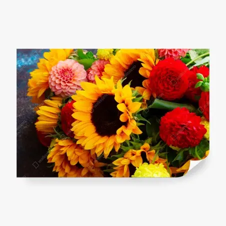 Fotomural explosión floral: girasoles y dalias vibrantes – Pixers®