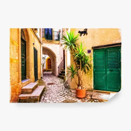 Fotomural rincón mediterráneo en calle empedrada – Pixers®