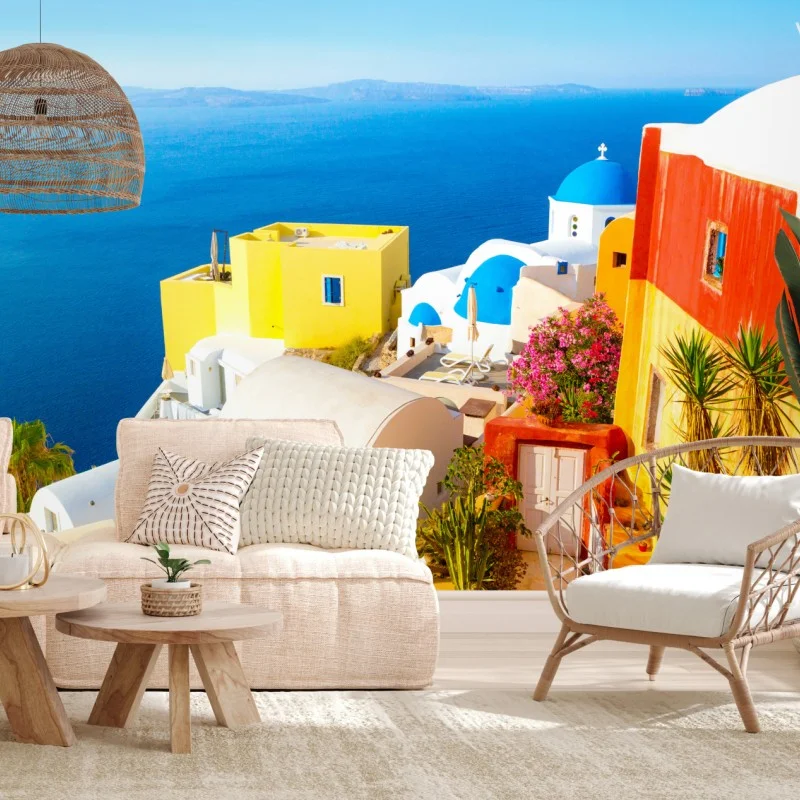 Fotomural amanecer en Santorini: cúpulas azules y casas blancas
