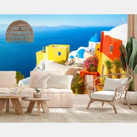 Fotomural amanecer en Santorini: cúpulas azules y casas blancas – Pixers®