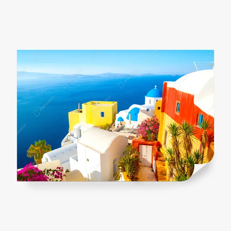 Fotomural amanecer en Santorini: cúpulas azules y casas blancas