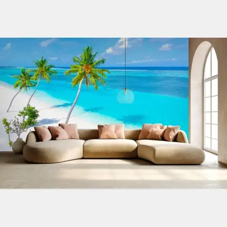 Fotomural paraíso tropical en aguas turquesas y palmeras – Pixers®