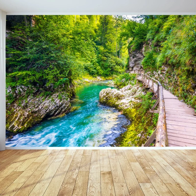 Fotomural pasarela de madera junto al río turquesa