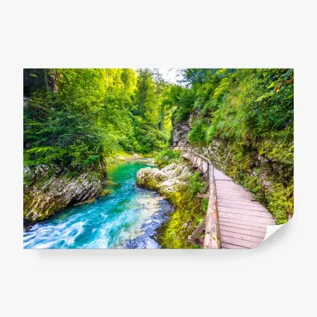 Fotomural pasarela de madera junto al río turquesa – Pixers®