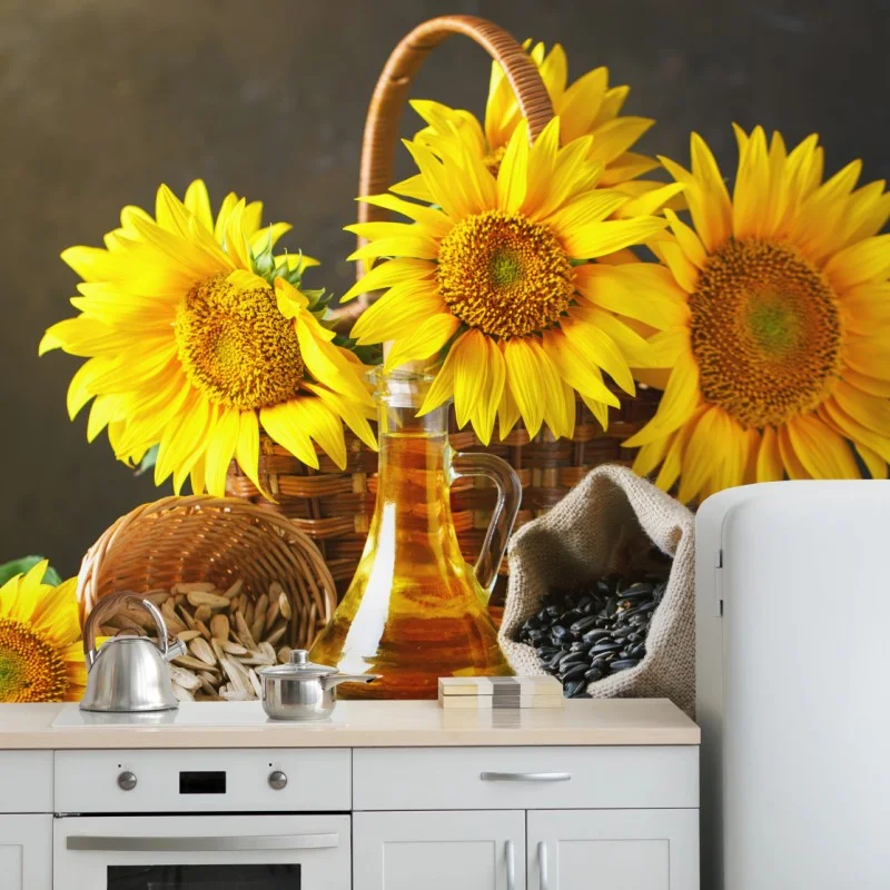 Fotomural girasoles y semillas: composición rústica y soleada