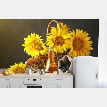 Fotomural girasoles y semillas: composición rústica y soleada – Pixers®