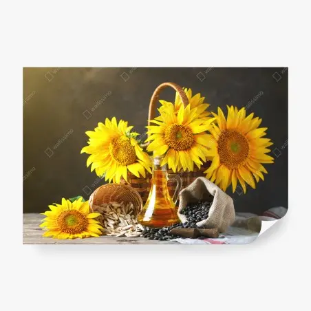 Fotomural girasoles y semillas: composición rústica y soleada – Pixers®