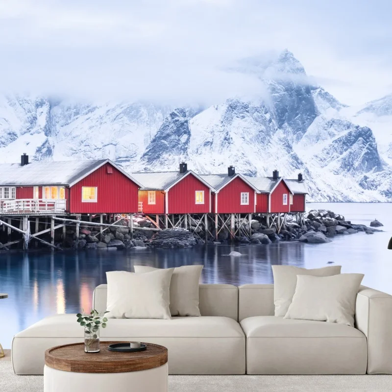 Fotomural amanecer en Lofoten: cabañas rojas sobre el fiordo