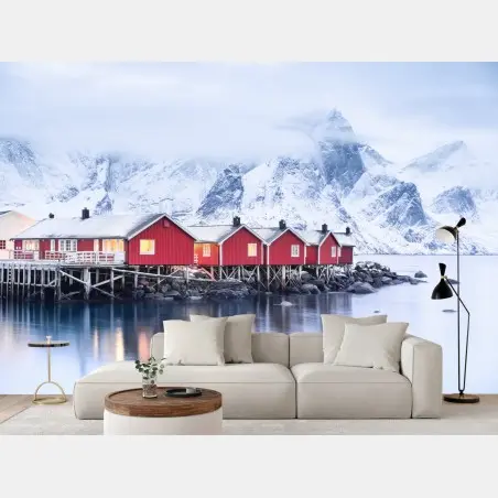 Fotomural amanecer en Lofoten: cabañas rojas sobre el fiordo – Pixers®