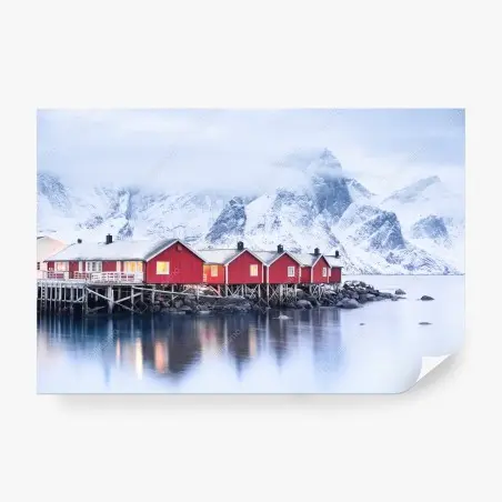 Fotomural amanecer en Lofoten: cabañas rojas sobre el fiordo – Pixers®