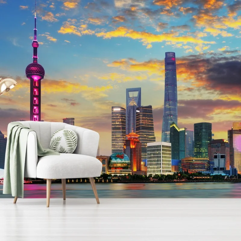Fotomural atardecer vibrante sobre el horizonte de Shanghai