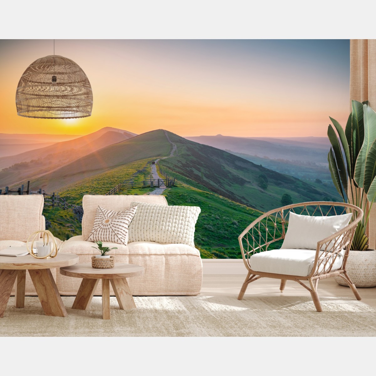 Fotomural amanecer sobre colinas y sendero de piedra – Pixers®