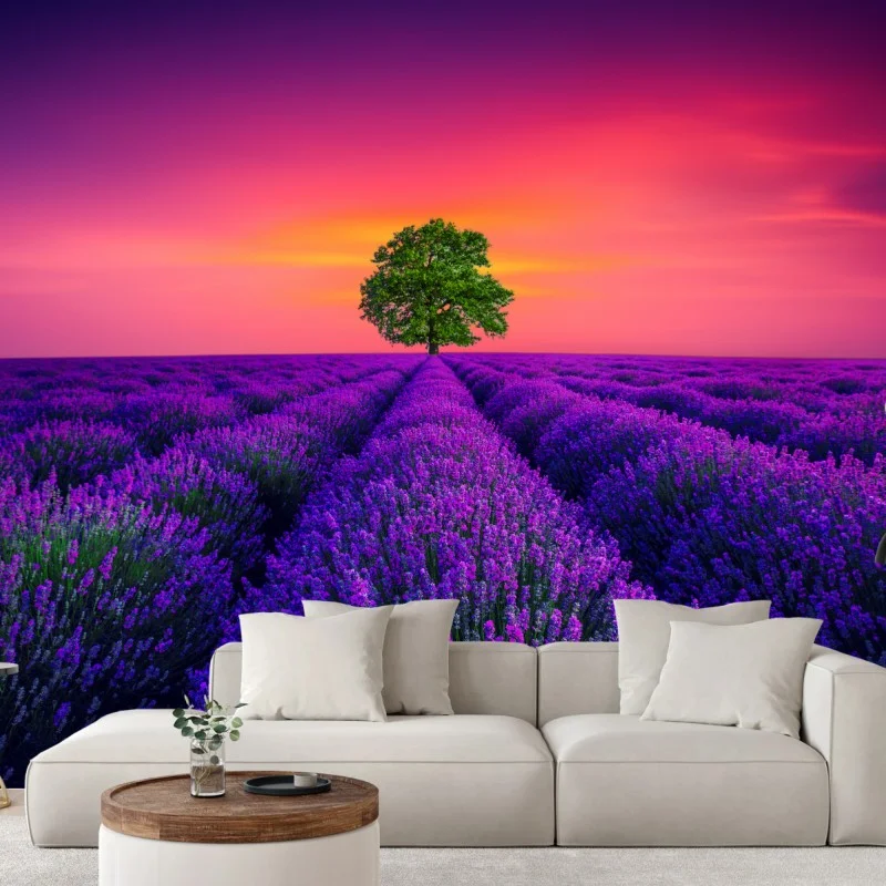 Fotomural árbol solitario entre campos de lavanda al atardecer