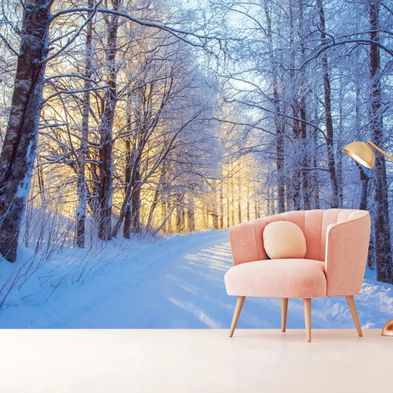Fotomural camino nevado al amanecer en el bosque
