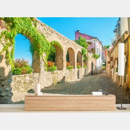 Fotomural encanto de Ravello: calle empedrada con arcos y flores – Pixers®